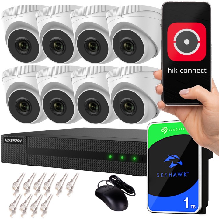 Zestaw monitoringu IP Hikvision NVR 1TB 8 kamer kopułkowych 4MPx