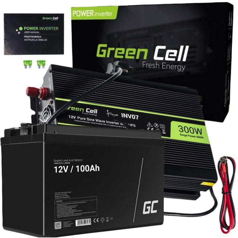 ZESTAW PRZETWORNICA Green Cell 12V-*230V 300W/600W CZYSTY SINUS +